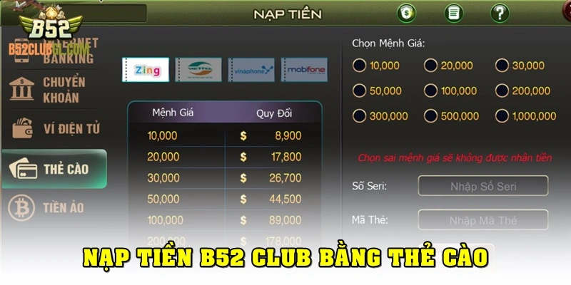 Nạp tiền vào tài khoản B52 Club bằng thẻ cào